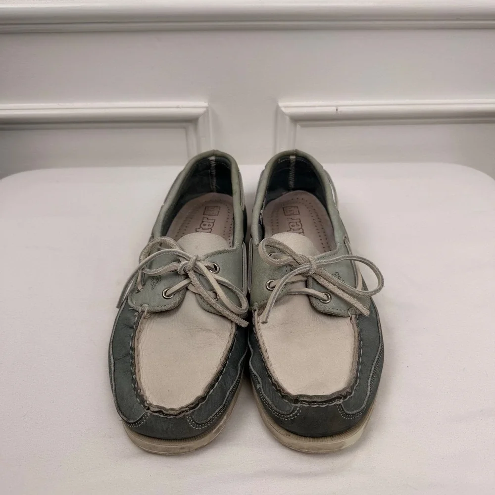Dexter Mens Boat Shoes 9.5 M Blue Grey Cream Leather Made in USA P619-22 Loafers